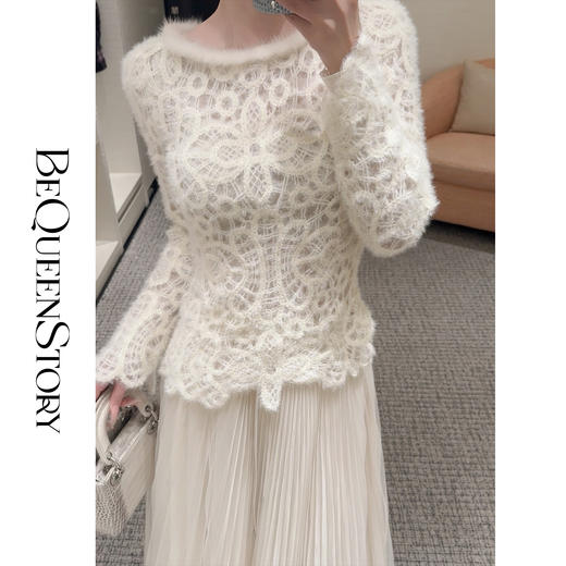 【孤品样衣，不退不换】 【花蔷曼塔】柔软时尚弹力针织拼接水貂毛圆领打底衫女 商品图2