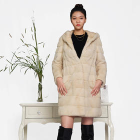 SIM GRACE 优雅夫人 珍珠色进口水貂中长款高贵大气横排工艺连帽外套