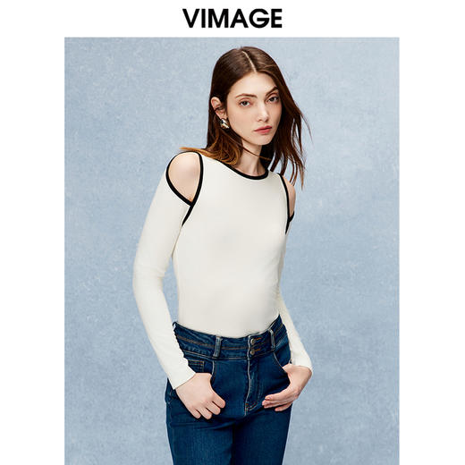 VIMAGE纬漫纪秋季新款露肩修身显瘦T恤上衣V2213826 商品图4