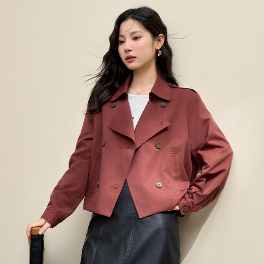 西遇红色短款风衣女新款时尚轻熟高级感双排扣外套D3542304 商品图2