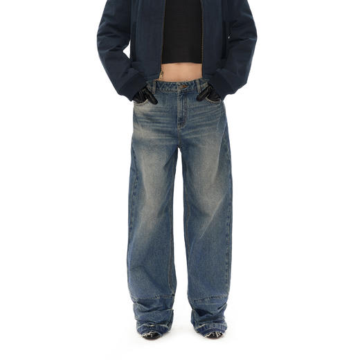 NUTH 裤脚堆褶宽松直筒复古水洗做旧百搭显瘦牛仔裤秋冬 商品图4