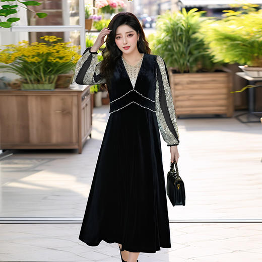 奢姿大码女装2024秋季气质V领丝绒假两件连衣裙胖妹妹时尚裙子 商品图2