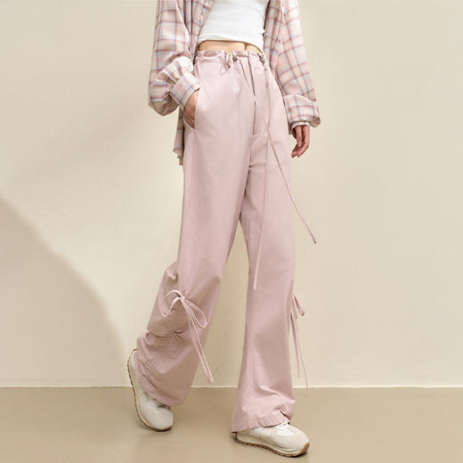 甜酷美式复古蝴蝶结工装裤女早春抽绳宽松直筒阔腿裤V3342392 商品图0