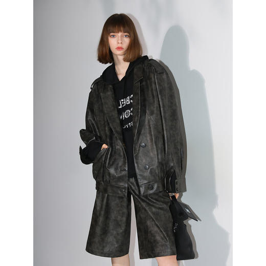 COCOBELLA手工擦色时尚PU皮衣外套女高知风棒球服夹克PU3001 商品图3