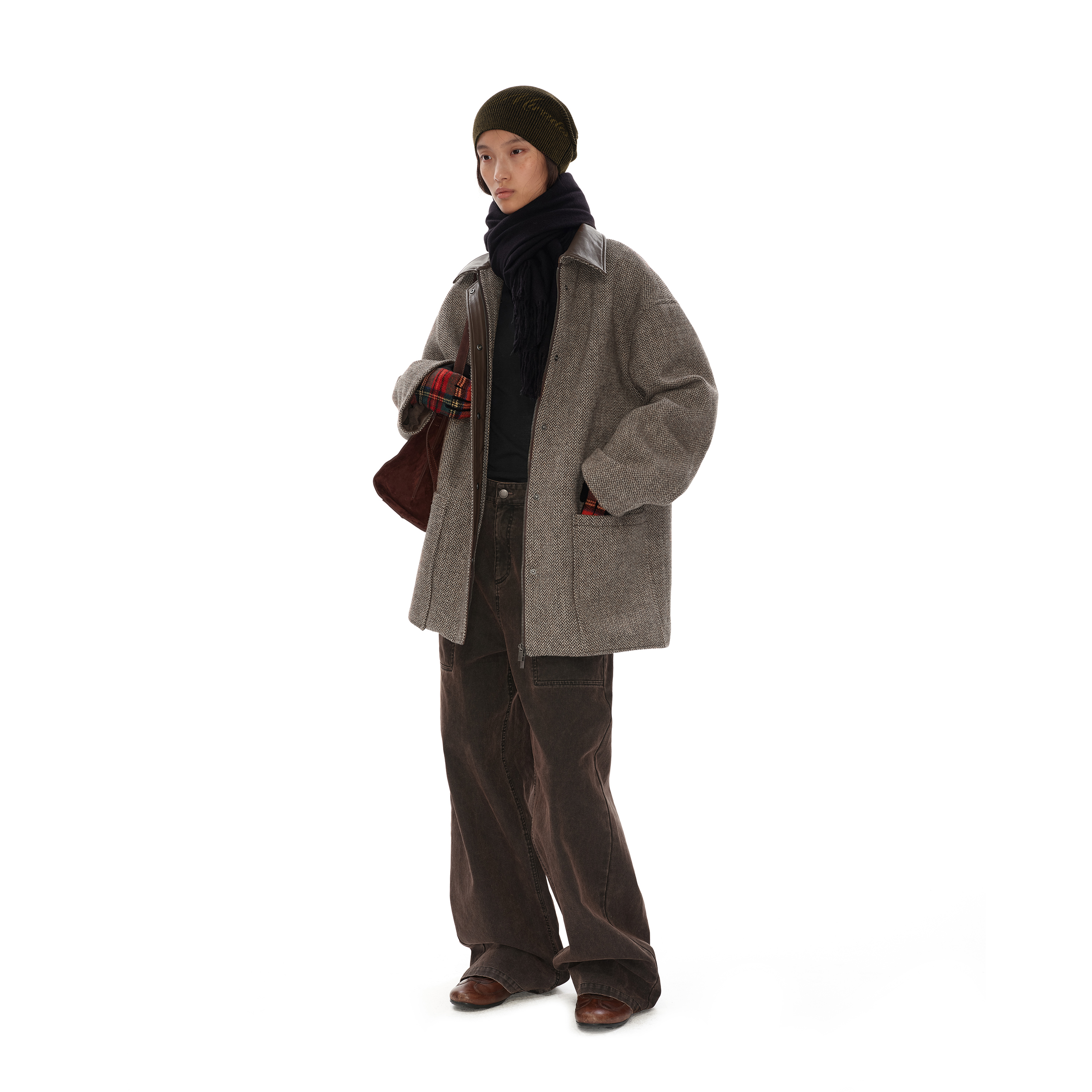 NUTH 复古宽松中长款毛呢夹克外套女拼皮保暖夹棉服女秋冬