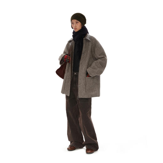 NUTH 复古宽松中长款毛呢夹克外套女拼皮保暖夹棉服女秋冬 商品图0