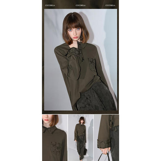 COCOBELLA新中式提花拼接翻折袖衬衫女秋翻领套头衬衣SR7060 商品图1