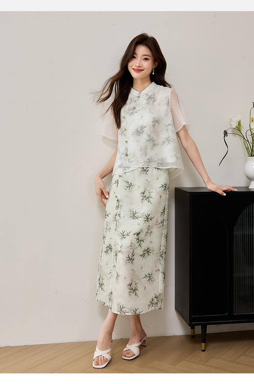 【专属特价】熙世界薄荷曼波竹染国风套装女2025夏款古典雅致两件套 商品图4