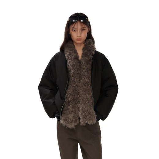 NUTH 黑色宽松可拆卸毛领bomber棉服夹克保暖外套女秋冬 商品图0