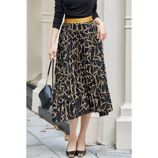 【复古几何印花裙】2026春季设计款拼接百褶裙高腰显瘦雪纺裙 商品图5