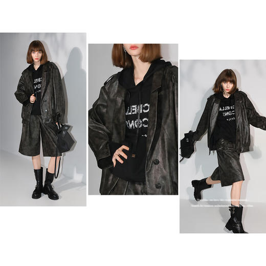 COCOBELLA手工擦色时尚PU皮衣外套女高知风棒球服夹克PU3001 商品图1