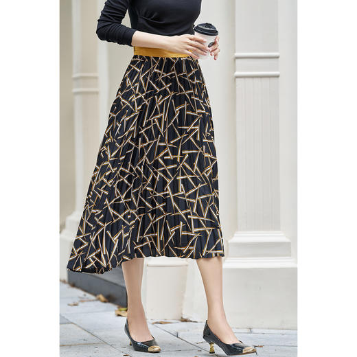 【复古几何印花裙】2026春季设计款拼接百褶裙高腰显瘦雪纺裙 商品图6