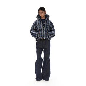 NUTH 90白鸭绒保暖格纹宽松短款格子立领羽绒服拉链外套女