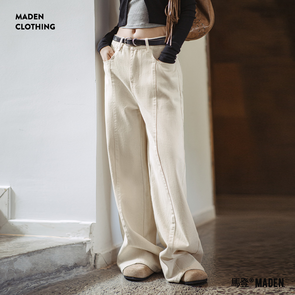 马登美式白色棉籽壳直筒牛仔裤复古宽松显瘦休闲裤百搭长裤秋季女