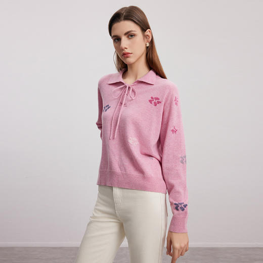 【系带衬衫领羊绒衫】羊绒世家秋冬女士新品100%山羊绒印花套头针织毛衣 商品图1