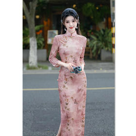2024秋季新款复古国风年轻女士新中式丝绒长款中袖旗袍SYK183467