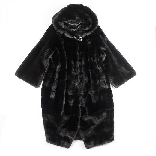 SIM GRACE 优雅夫人 女款轻奢横排设计时尚 大气外套连帽中长款整貂保暖大衣 商品图3