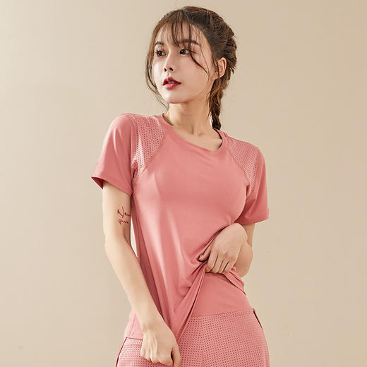 「两件套」夏季新款瑜伽服运动速干健身衣女时尚短袖T恤网纱拼接运动衣运动服饰 商品图2