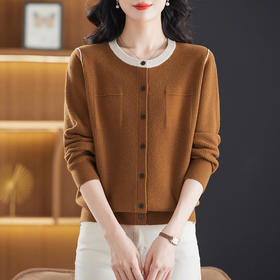 CC-13-6907圆领拼色100绵羊毛女开衫外套2024春秋薄款针织毛衣宽松外搭上衣