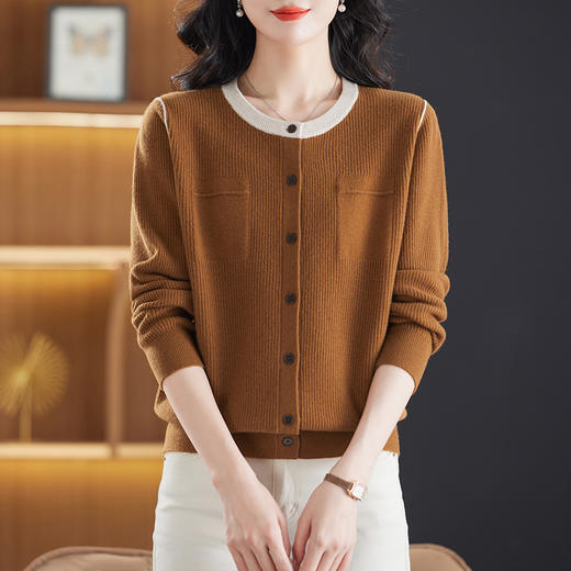 CC-13-6907圆领拼色100绵羊毛女开衫外套2024春秋薄款针织毛衣宽松外搭上衣 商品图0