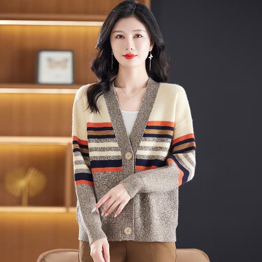 CC-17-5701宽松大码v领条纹羊毛针织开衫女2024春秋新款撞色外搭毛衣短外套 商品图2