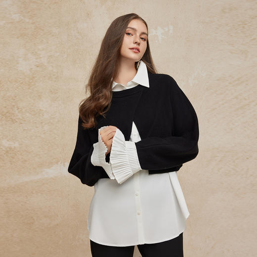 PG647斯尔丽2024秋冬新款时尚含羊毛真两件白衬衫搭配设计感长袖毛衫 商品图0