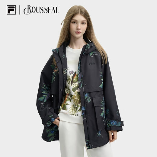 【斐乐】FILA x 卢梭 斐乐女士梭织外套2024冬季新款休闲满印宽松连帽风衣 商品图0