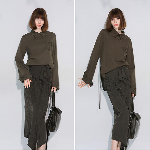 COCOBELLA新中式提花拼接翻折袖衬衫女秋翻领套头衬衣SR7060 商品图3