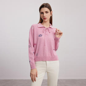 【系带衬衫领羊绒衫】羊绒世家秋冬女士新品100%山羊绒印花套头针织毛衣