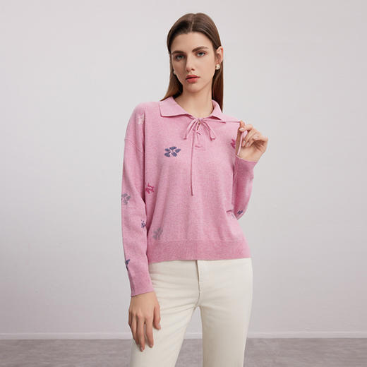 【系带衬衫领羊绒衫】羊绒世家秋冬女士新品100%山羊绒印花套头针织毛衣 商品图0