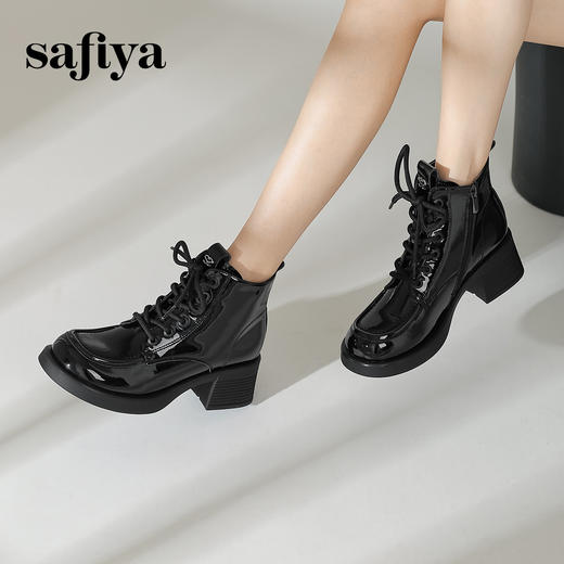 Safiya/索菲娅2024冬英伦风圆头侧拉链时尚漆皮粗高跟厚底马丁靴 SF44116253 商品图4