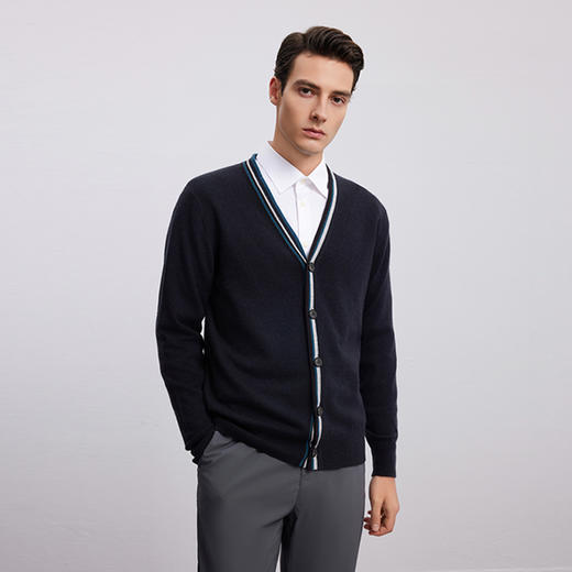 【V领条纹撞色针织开衫】羊绒世家秋冬新品男士100%山羊绒针织开衫外套 商品图3