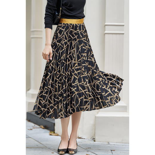 【复古几何印花裙】2026春季设计款拼接百褶裙高腰显瘦雪纺裙 商品图1