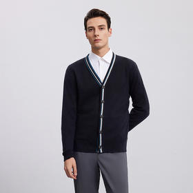 【V领条纹撞色针织开衫】羊绒世家秋冬新品男士100%山羊绒针织开衫外套