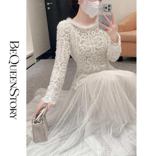 【孤品样衣，不退不换】 【花蔷曼塔】柔软时尚弹力针织拼接水貂毛圆领打底衫女 商品图4