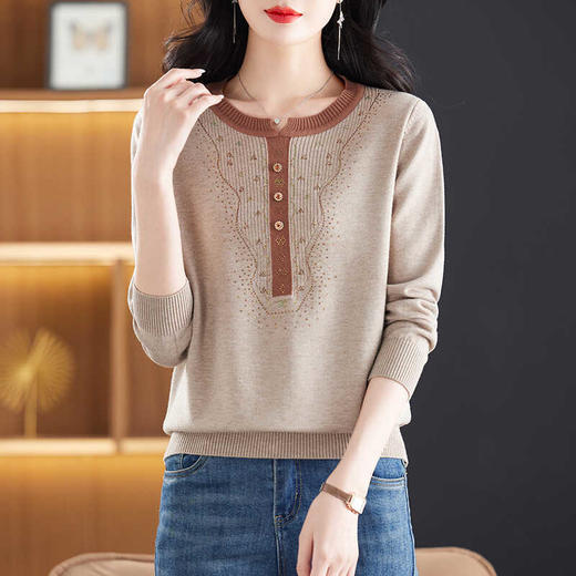 CC-22-137秋贵妇妈妈装羊毛针织衫上衣女长袖拼色打底衫毛衣洋气小衫 商品图0