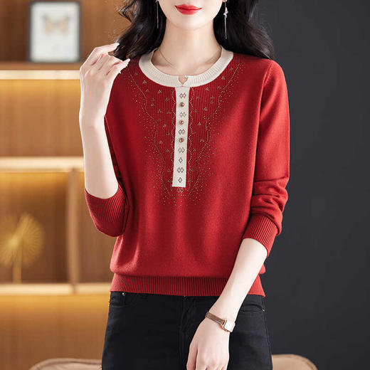 CC-22-137秋贵妇妈妈装羊毛针织衫上衣女长袖拼色打底衫毛衣洋气小衫 商品图3