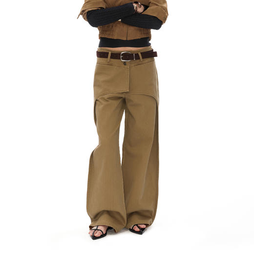 NUTH搭片假两件宽松直筒复古工装裤女秋冬 军绿色/卡其色洗 商品图3