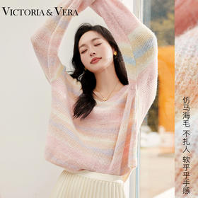 【团购】VICTORIA&VERA秋冬“彩虹编制曲”系列慵懒风冰淇淋条纹渐变V领宽松针织衫