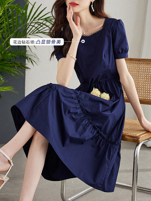 【专属特价】熙世界纯棉钻石领连衣裙夏新款气质收腰轻薄透气A字裙子 商品图1