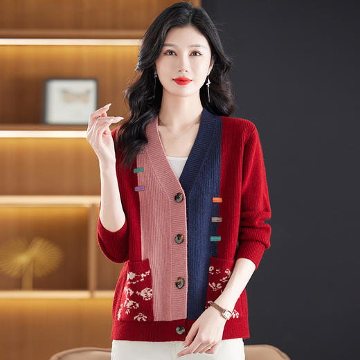 CC-17-5718秋冬新款宽松复古拼接外搭上衣宽松休闲撞色V领针织外套上衣 商品图0