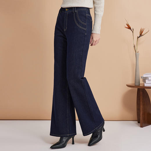 EITIE爱特爱高腰复古深蓝色微喇显瘦加绒保暖牛仔裤冬季新款D2405405 商品图1