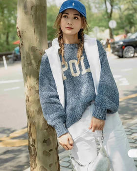 单品包邮现货 THS 9.21-无 RL家马球家 波斯宝石蓝PRL有机棉混纺花纱嵌花宽松针织衫 BM3172