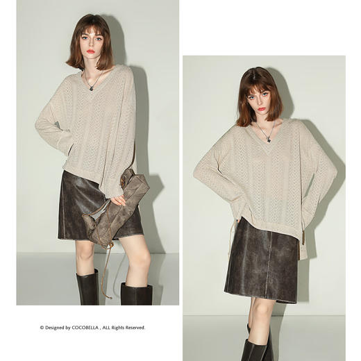 COCOBELLA设计师款精致镂空V领针织衫下摆开叉飘带毛衣MZ3099 商品图2