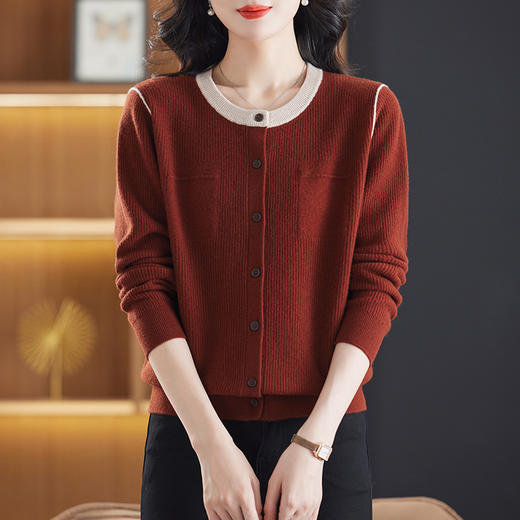 CC-13-6907圆领拼色100绵羊毛女开衫外套2024春秋薄款针织毛衣宽松外搭上衣 商品图2