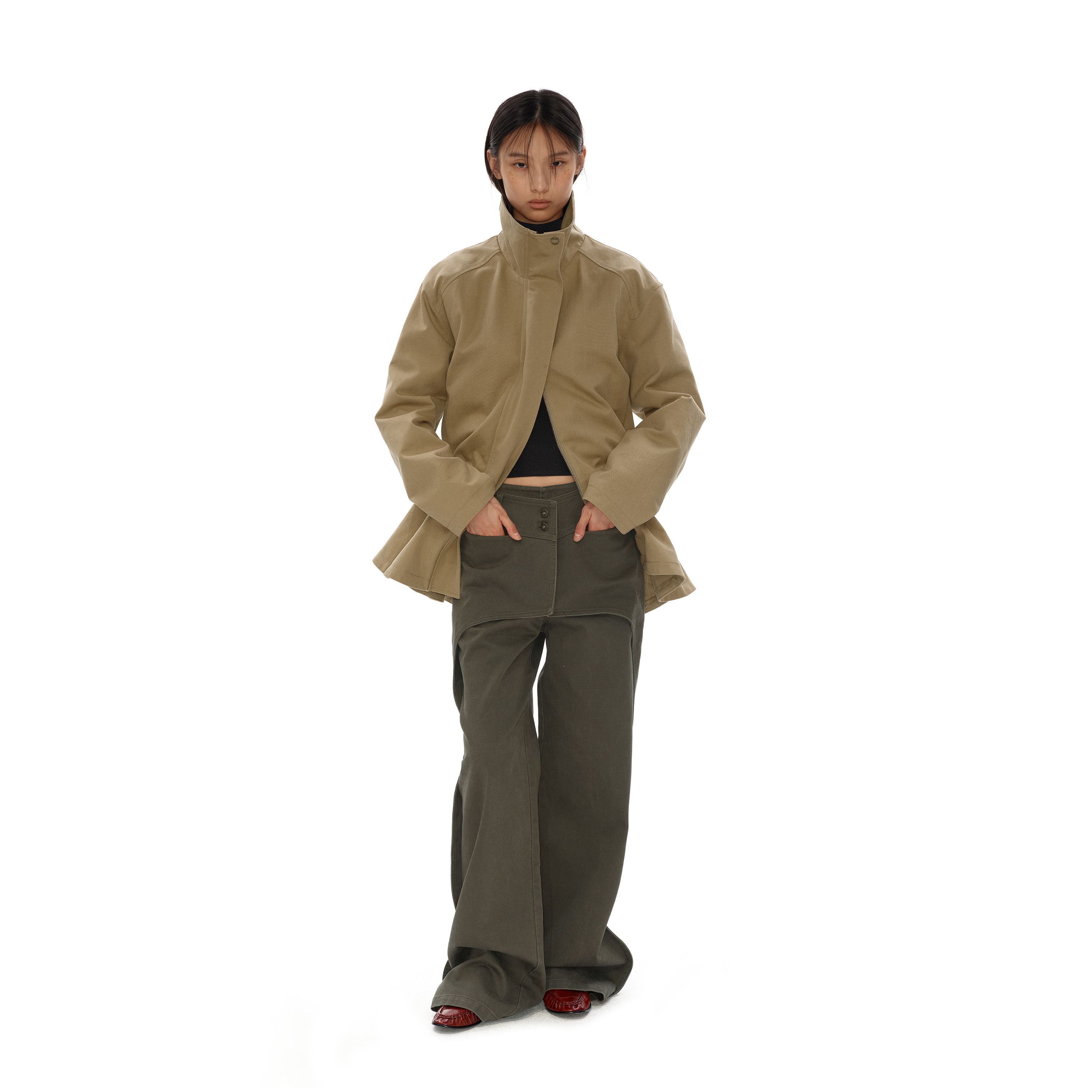 NUTH搭片假两件宽松直筒复古工装裤女秋冬 军绿色/卡其色洗