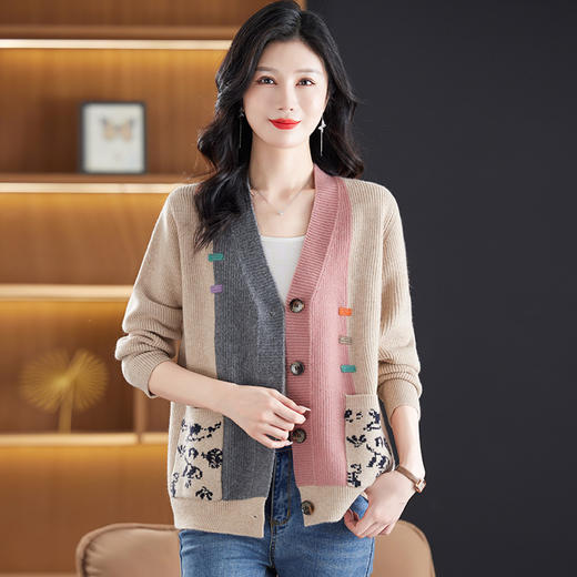 CC-17-5718秋冬新款宽松复古拼接外搭上衣宽松休闲撞色V领针织外套上衣 商品图3