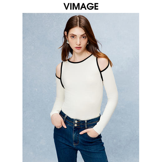 VIMAGE纬漫纪秋季新款露肩修身显瘦T恤上衣V2213826 商品图0