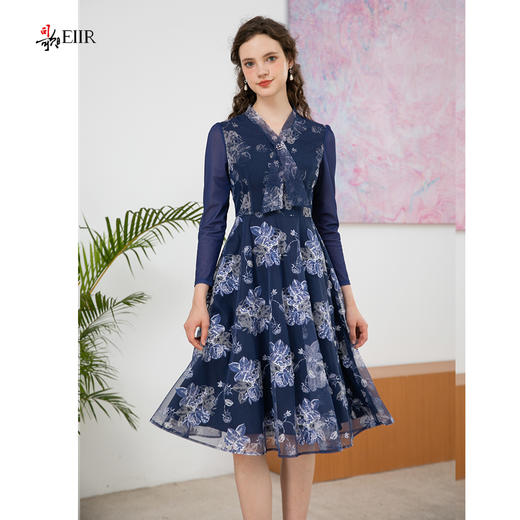 司歌弹力印花刺绣连衣裙修身端庄A901005X 商品图1