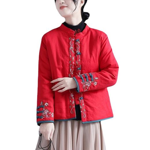 中国风棉麻绣花棉服女复古盘扣立领对襟棉衣冬新款中式厚外套棉服 商品图2